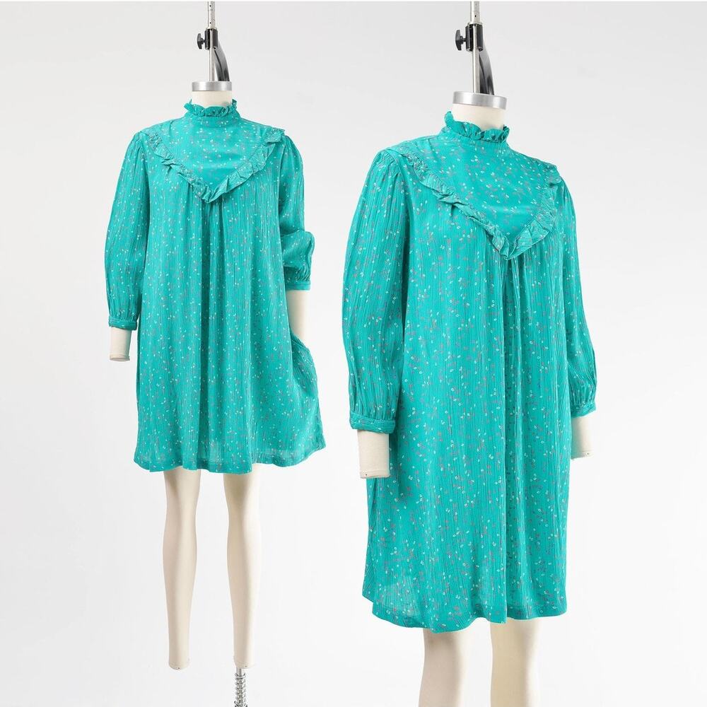 Vintage 80s Turquoise Ruffle Bib Cute Dolly Puff Sleeve Tent Dress Pockets S M
